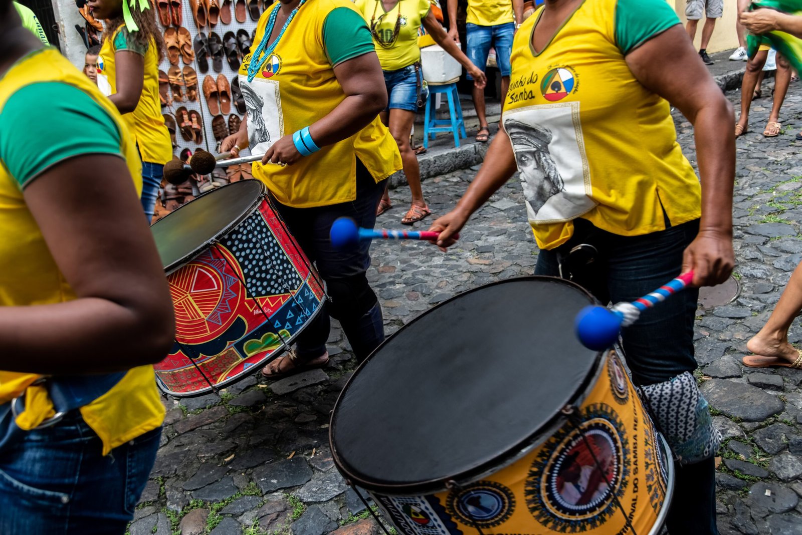 Salvador, Bahia, Brazil - June 22, 2018: Dida Band members play percussion instruments at Pelourinho in Salvador, before the match between Brazil vs Costa Rica for the 2018 soccer world cup in Russia.