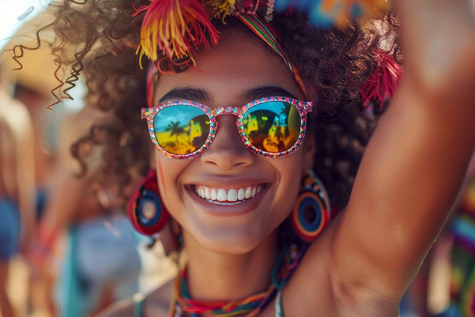 woman-wearing-sunglasses-colorful-hat-is-waving